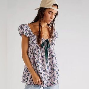 Free People Gaia Corduroy Floral Puff Sleeve Top